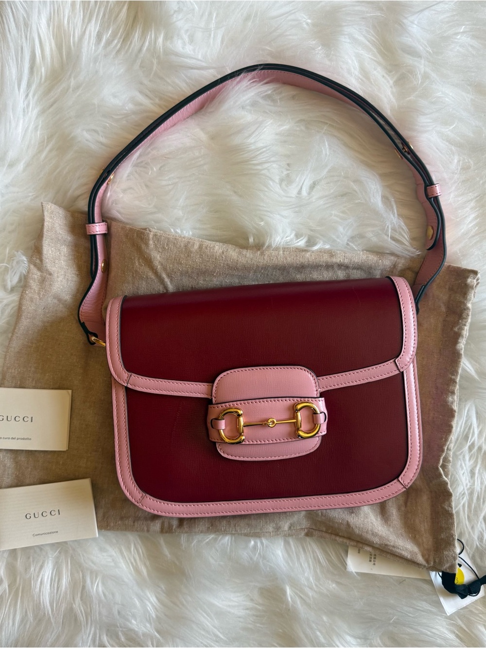 Authentic Gucci Horsebit 1955 Small Leather Shoulder Bag Red Pink Trim